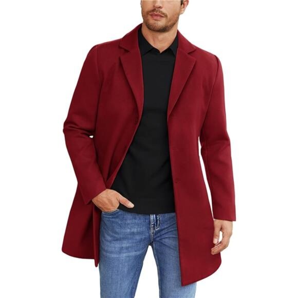 Mens Wool Blend Coat Winter Trench Coats Red - Picture 1 of 6